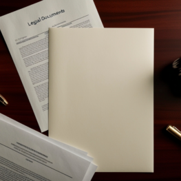 4 Legal documents with a fountain pen and a wooden gavel on a desk
