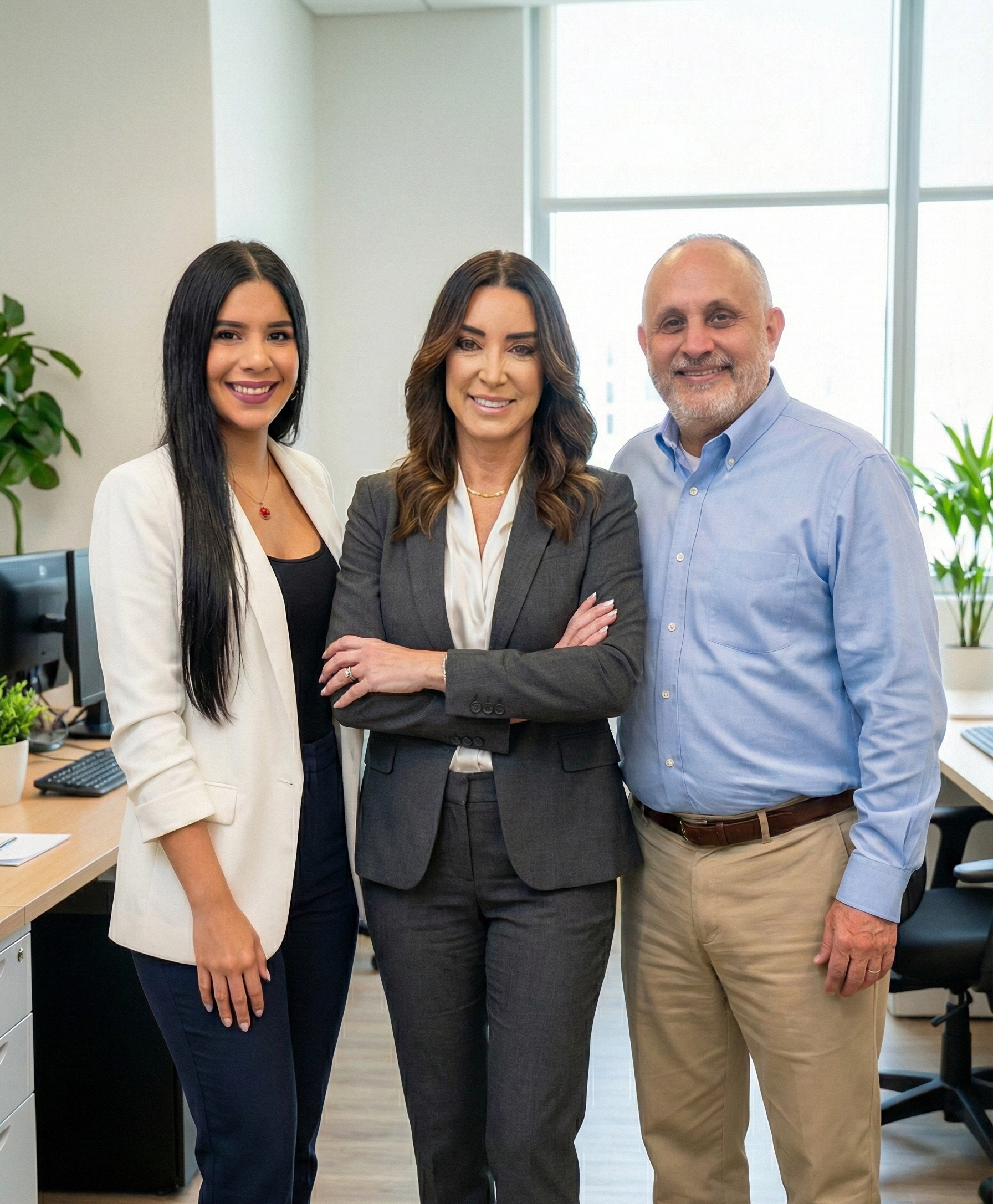 Three business professionals standing together in an office