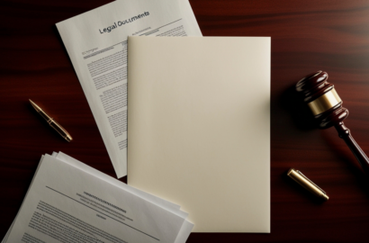 Legal documents with a fountain pen and a wooden gavel on a desk